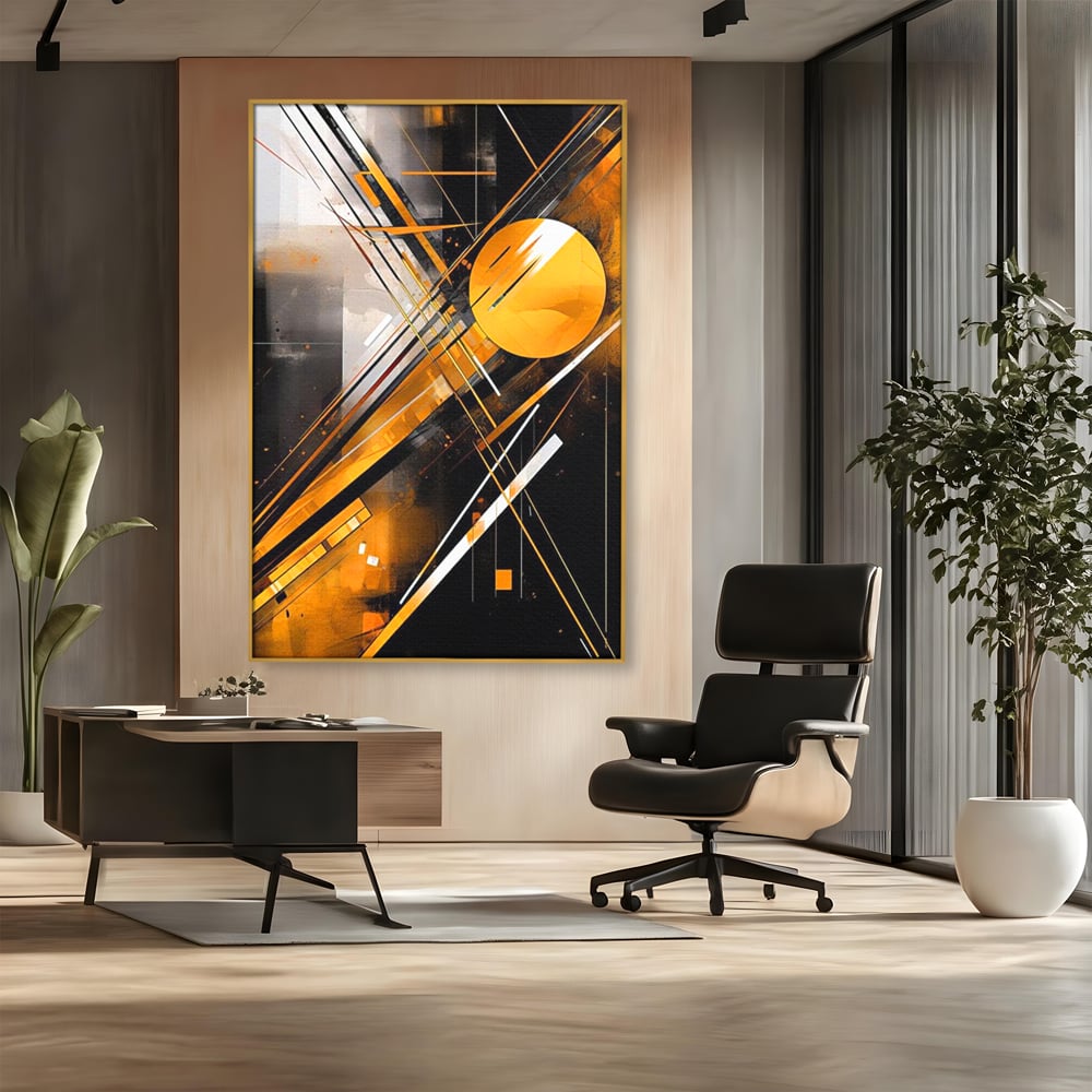 Tablou canvas cu tablou canvas cu forme geometrice abstracte, in rama de aluminiu auriu, pe perete intr-un birou